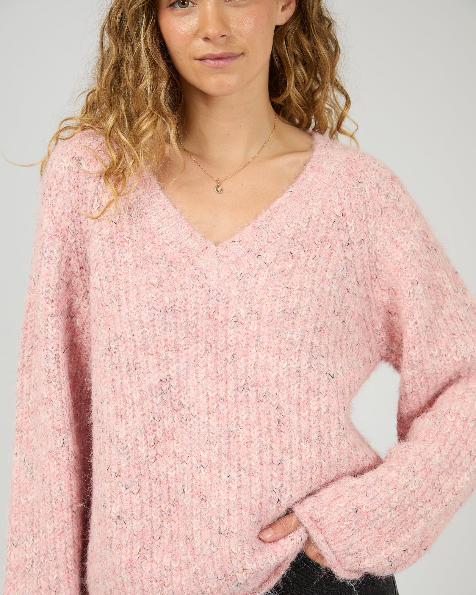 Devon V Neck Jumper Pale Pink - Image 5
