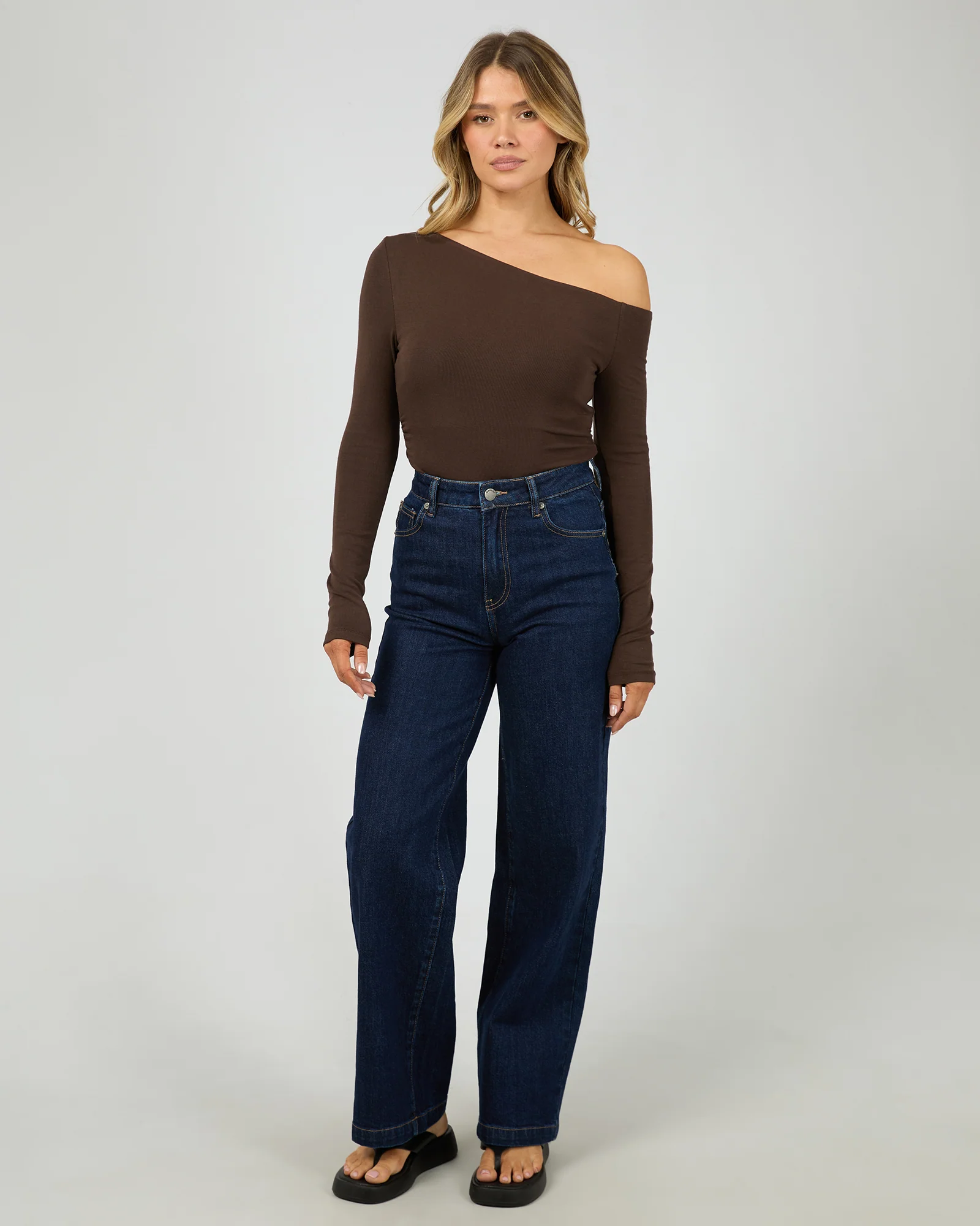 Kylie Off Shoulder Long Sleeve Top Brown - Image 3