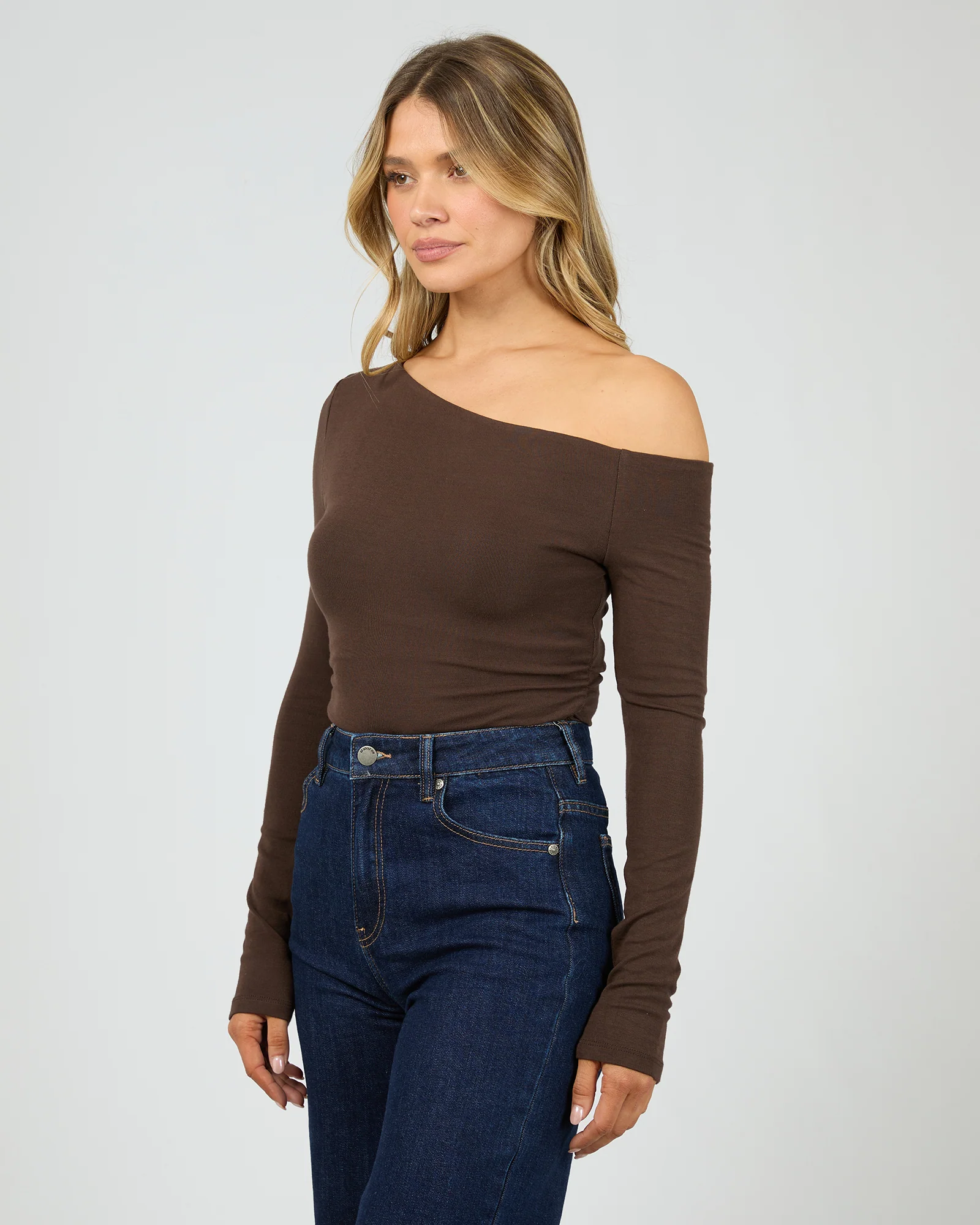 Kylie Off Shoulder Long Sleeve Top Brown - Image 5