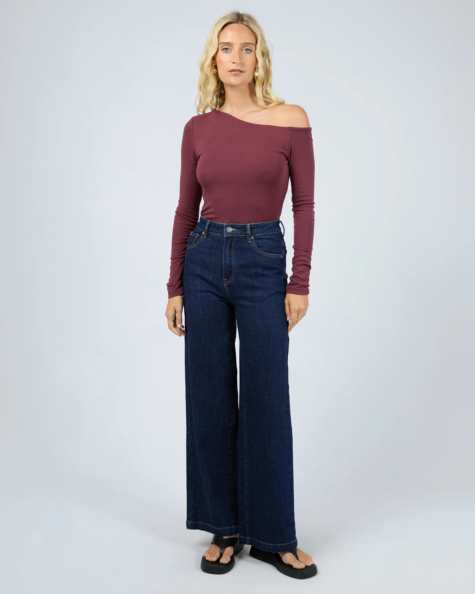 Kylie Off Shoulder Long Sleeve Top Burgundy - Image 3