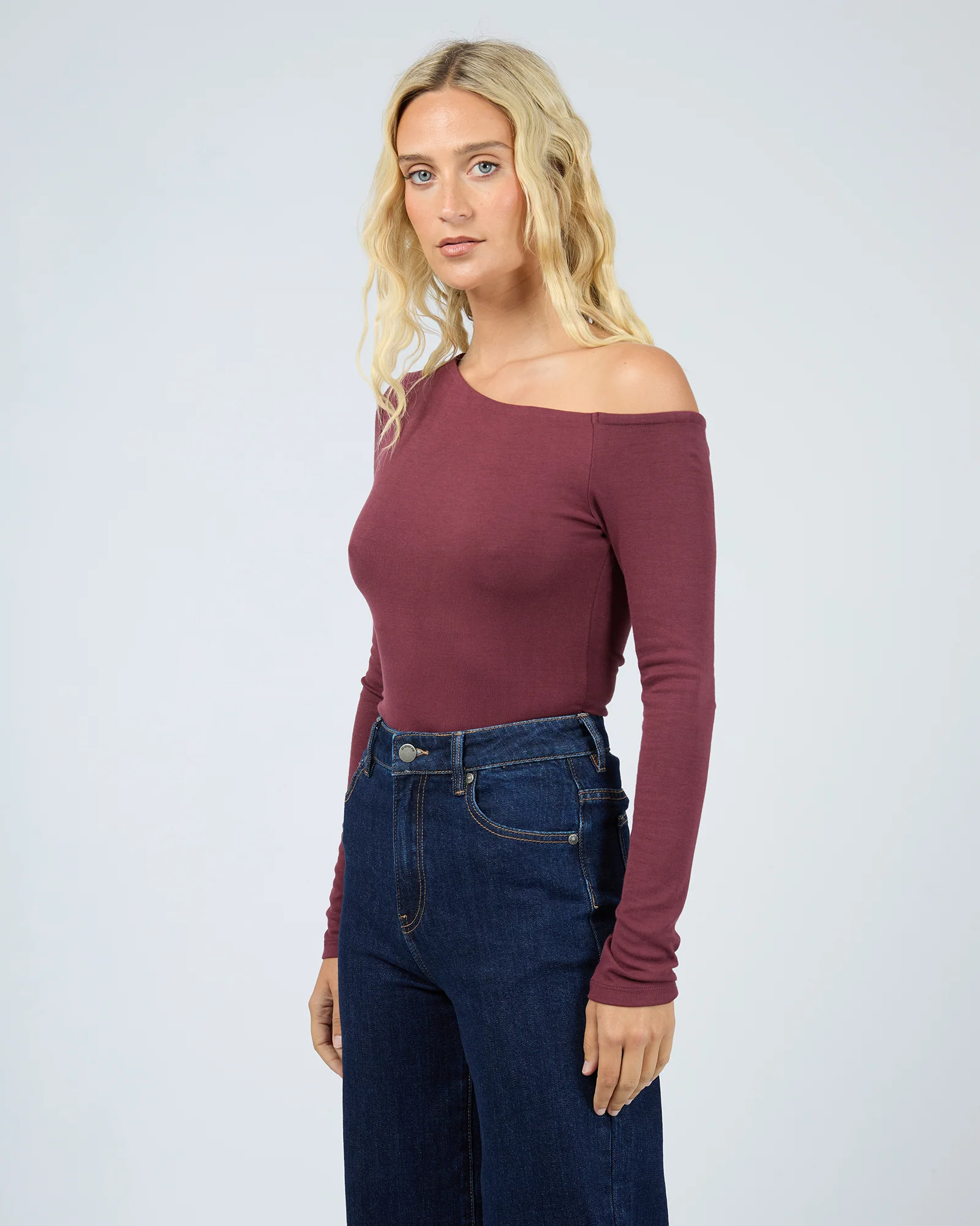 Kylie Off Shoulder Long Sleeve Top Burgundy - Image 5