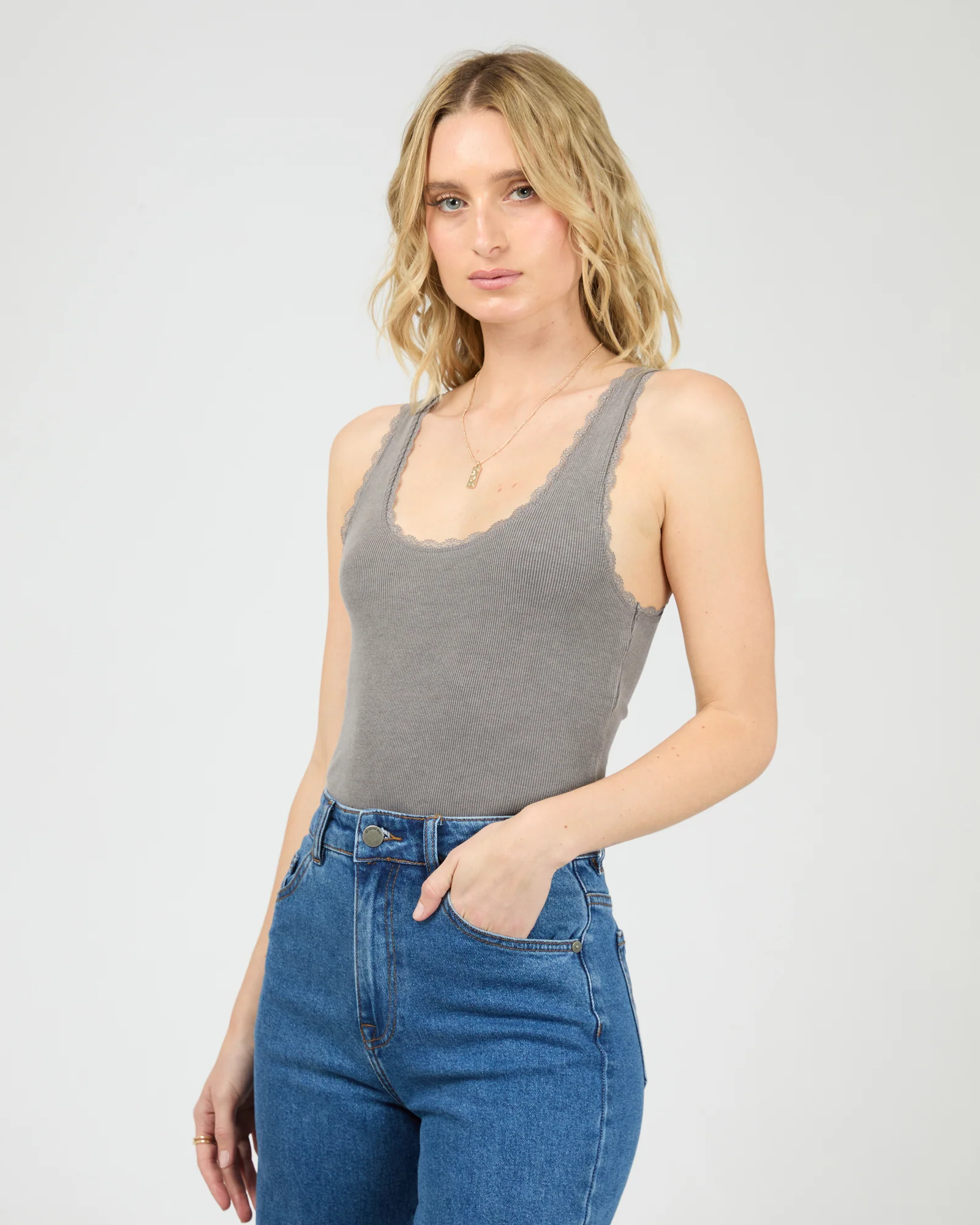Washed Rib Lace Tank Charcoal - Image 4
