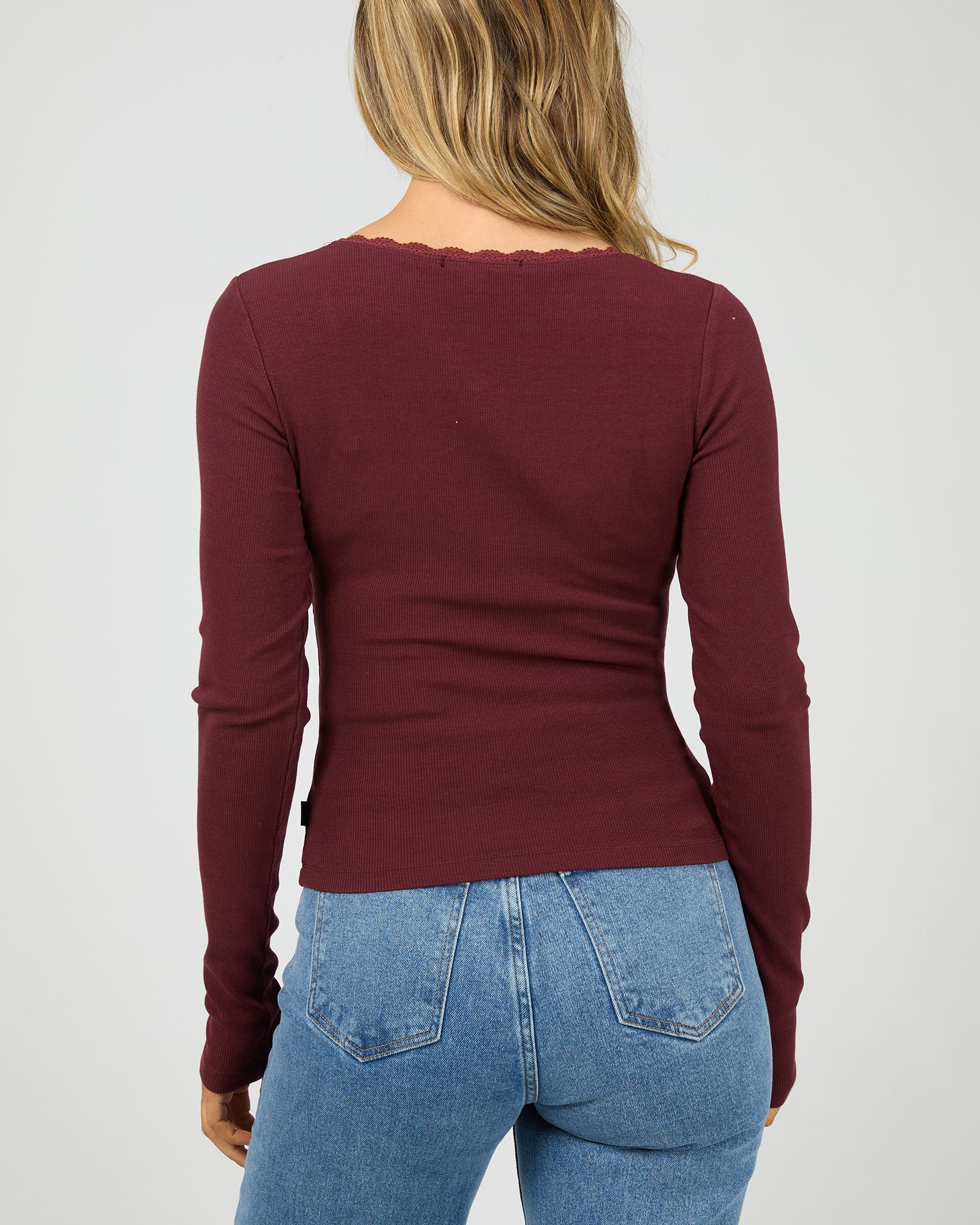 Washed Rib Scoop Neck L/S Tee Burgundy - Image 3