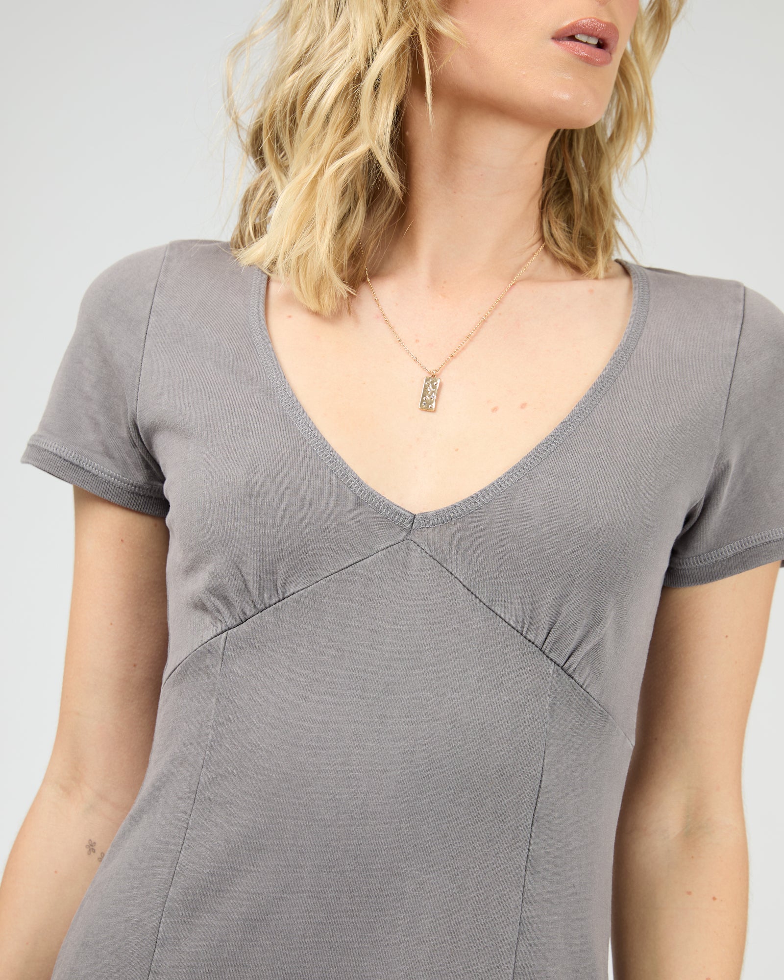 Washed V Neck Mini Dress Charcoal - Image 5